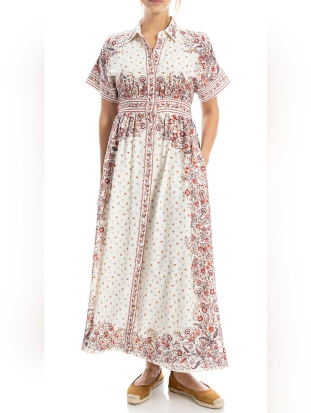 Max Studio Ivory Maxi Dress with Red Paisley Border